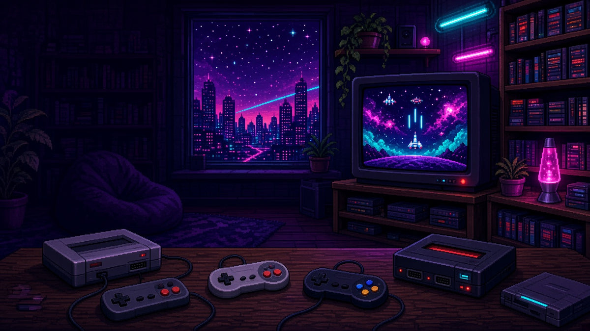 Pixel-art retro game room at night with a CRT TV, classic consoles and controllers on a wooden table